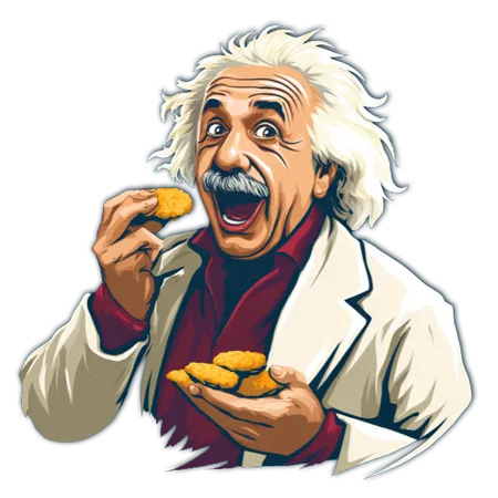 Einstein eating chicken nuggets